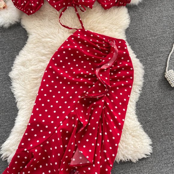 Women Polka Dot Two-Piece Tops and Skirt - Picture 7 of 10